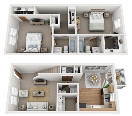 Floor plan for 2 beds, 2.5 baths, 1104 sqft